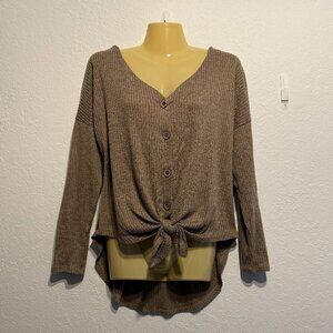 Liberty Love Brown Ribbed Knit Button Down Tie Front Blouse Women’s Size L Top